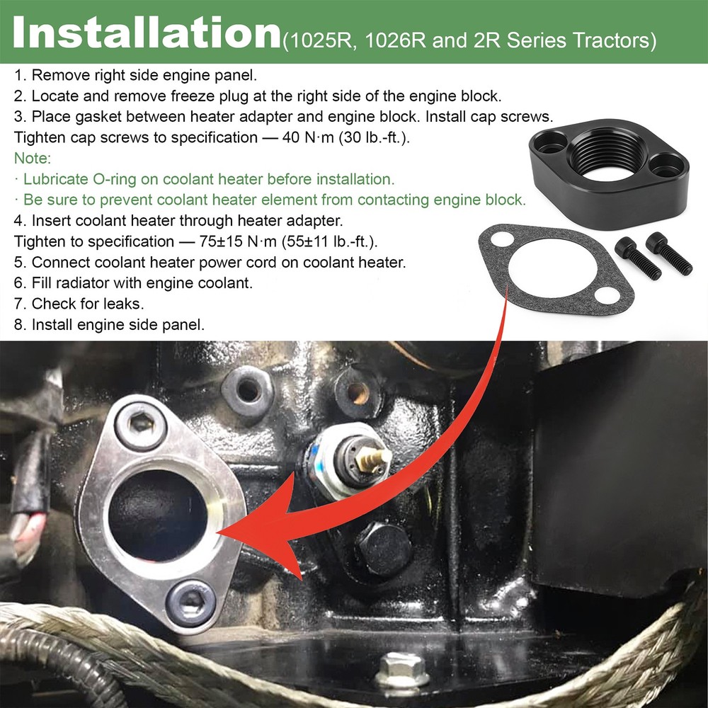 Engine Block Coolant Heater Adapter Kit For John Deere Compact Utility Tractors