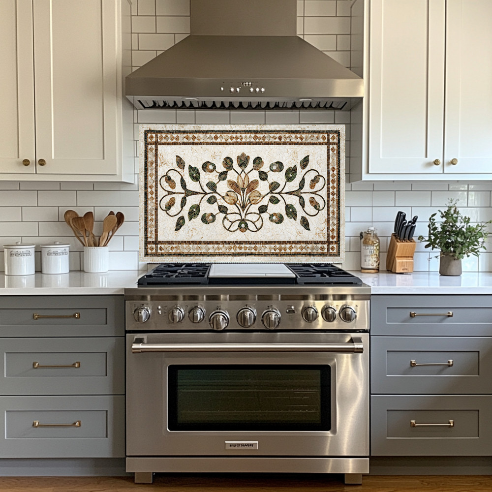 Mediterranean Mosaic Look Glass Backsplash Panel–Olive Branch Kitchen Backspla