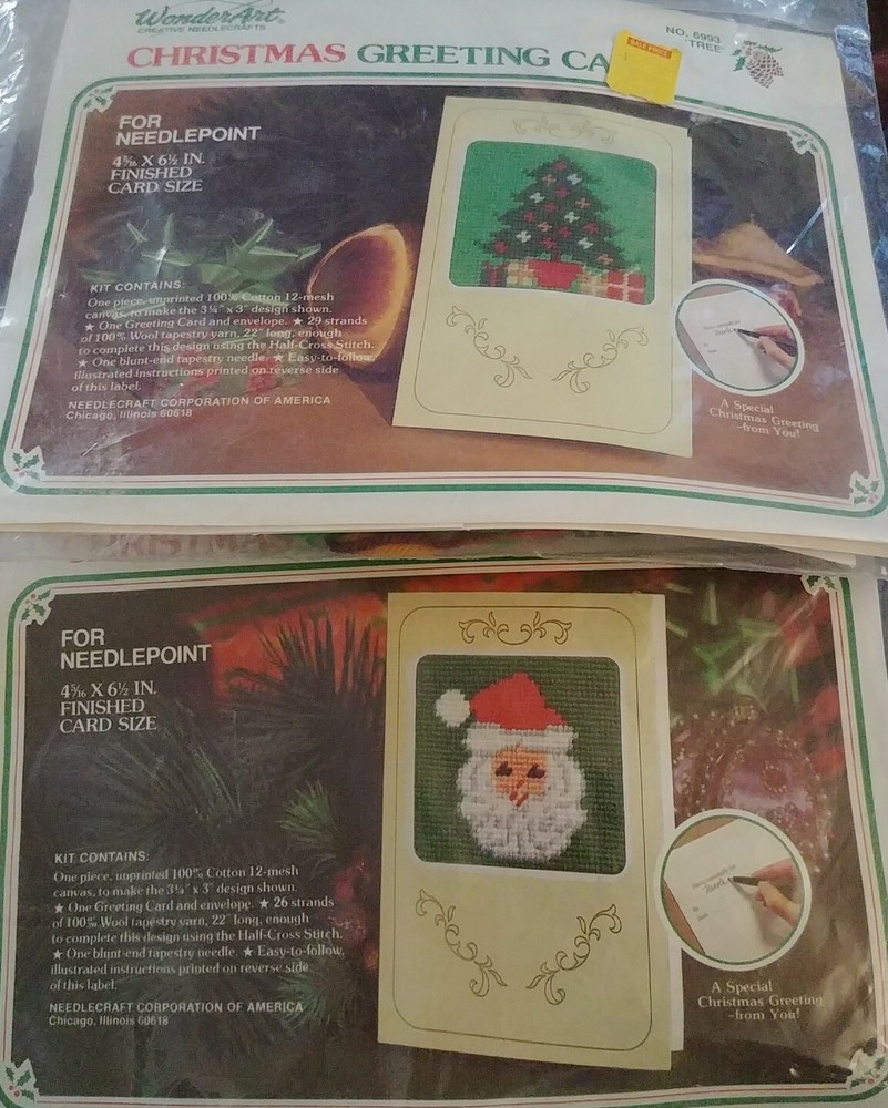 Vtg. WoderArt Creative Needlecrafts Christmas Greeting Card Kits Santa, Tree