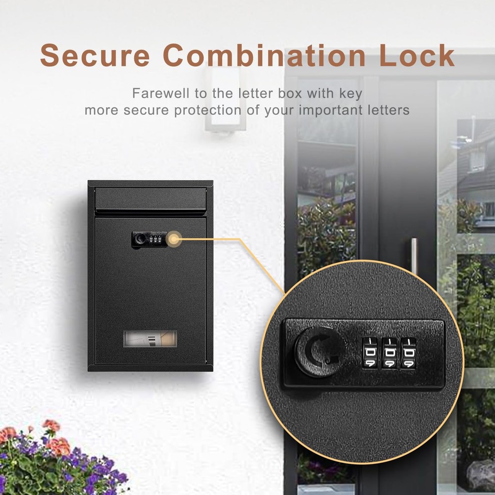 Wall Mount Mailbox, Combination Lock Mail Boxes for Outside, Safe Drop Black