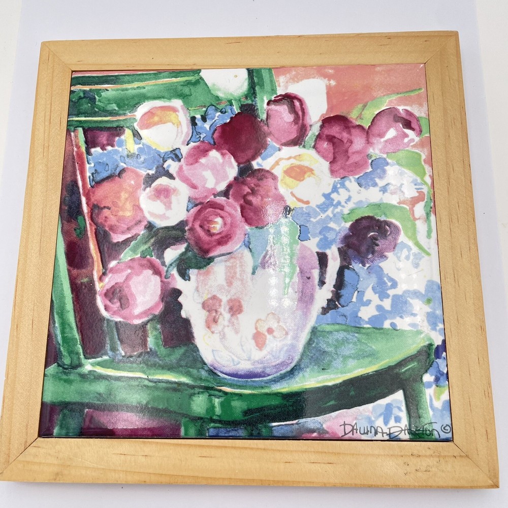 1992 Dawna Barton Vandor Tile Trivet  Signed Wood Frame
