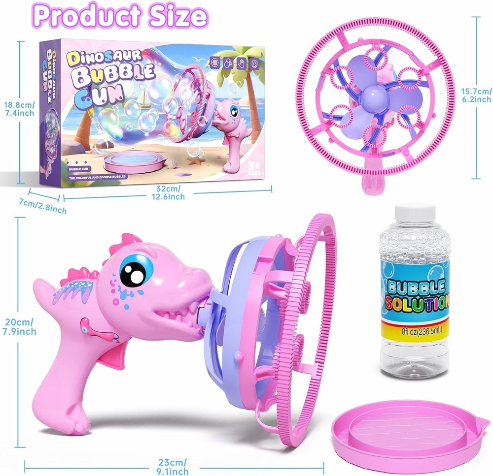 Dinosaur Bubble Gun for Kids - Bubble Machine with Bubble in Bubble, 1000+ Bubbl