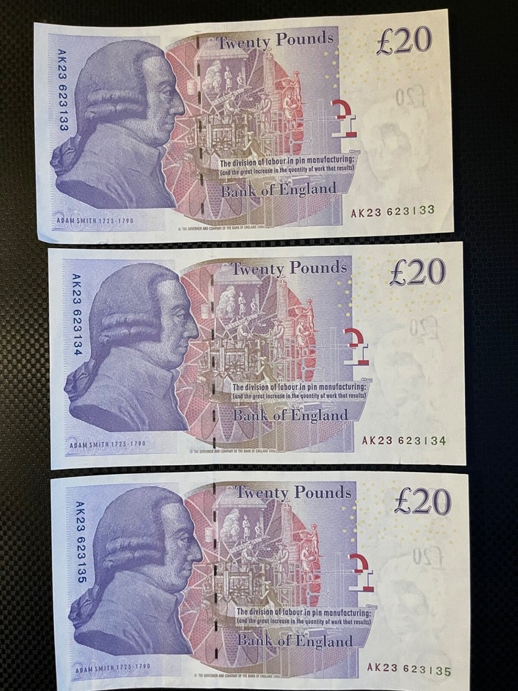 3 x Old British Twenty Pound Notes-Consecutive number-very good condition