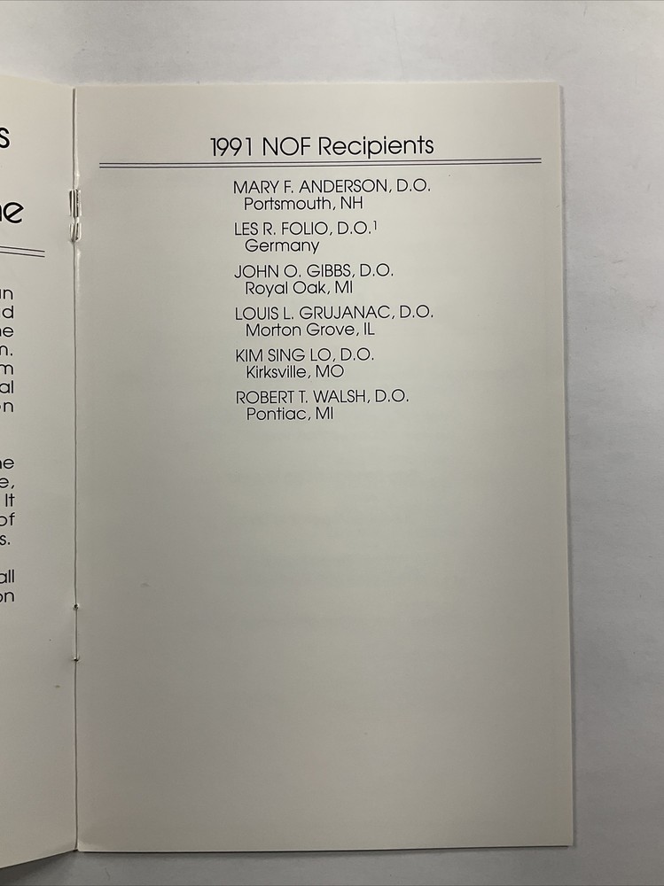 1991 National Osteopathic Foundation Mead Johnson Awards Breakfast Program Menu