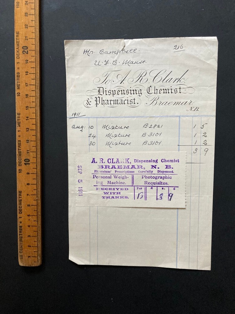 1911 AR Clark Chemist Pharmacist Braemar bill invoice advice