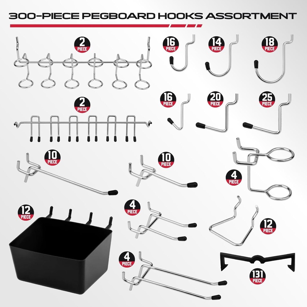 Pegboard Organizer Peg Board Hooks: 300-Piece Hooks for Tool Assortment Black