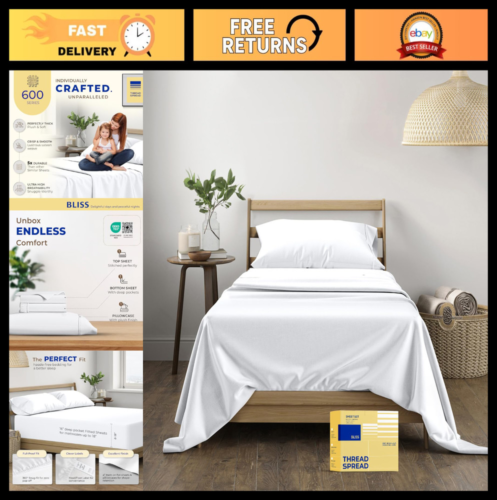 100% Egyptian Cotton Twin Sheets Set - 600 Thread Count, Deep Pocket, Soft & Coo