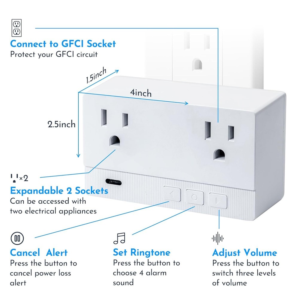 Power Failure Alarm with 2 Socket,80-110dB Adjustable Freezer 4...