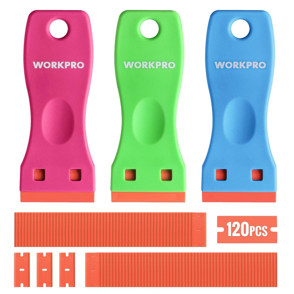 WORKPRO Plastic Razor Blade Scraper 3-Piece with 120 Pcs Plastic Razor Blades