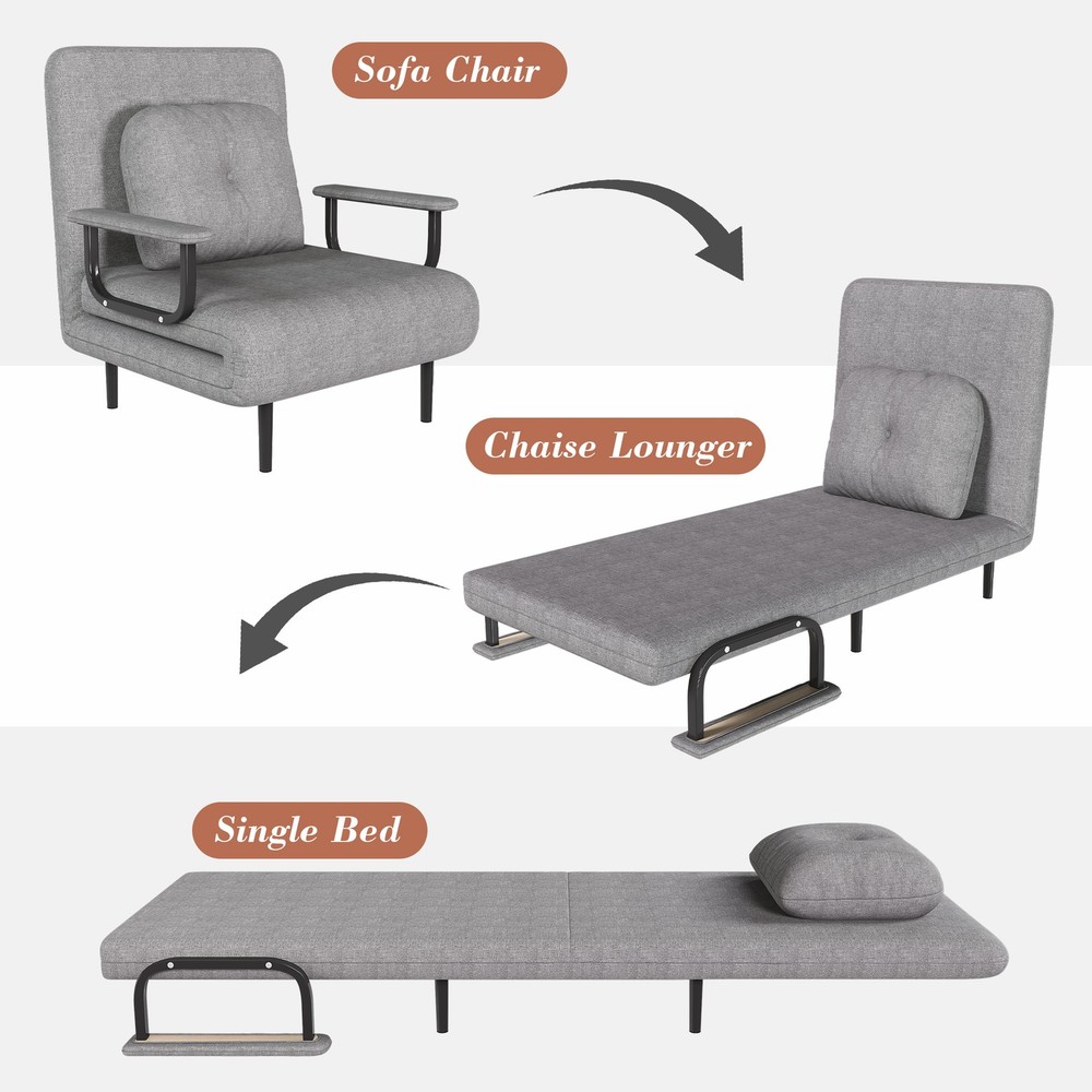 5-in-1 Convertible Sofa Bed Chair Adjustable Backrest Folding Sleeper Grey