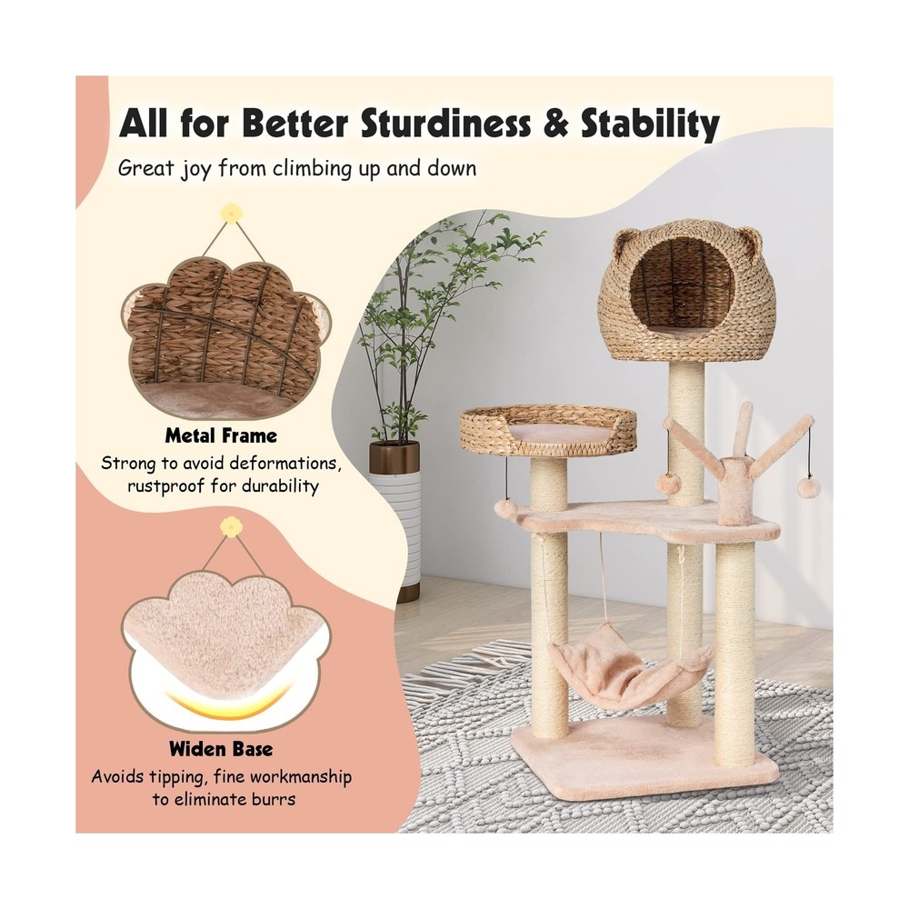 PETSITE Woven Cat Tree, Modern Cat Tower with Hammock & Scratching Posts, Cat...