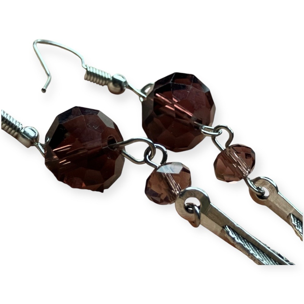 Red Stone Faceted Bead Silver Tone Boho Feathers Dangle 2.25" Long Earrings