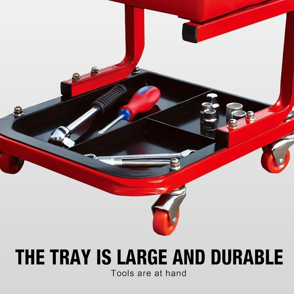Red Rolling Automotive Creeper Seat with Tool Tray