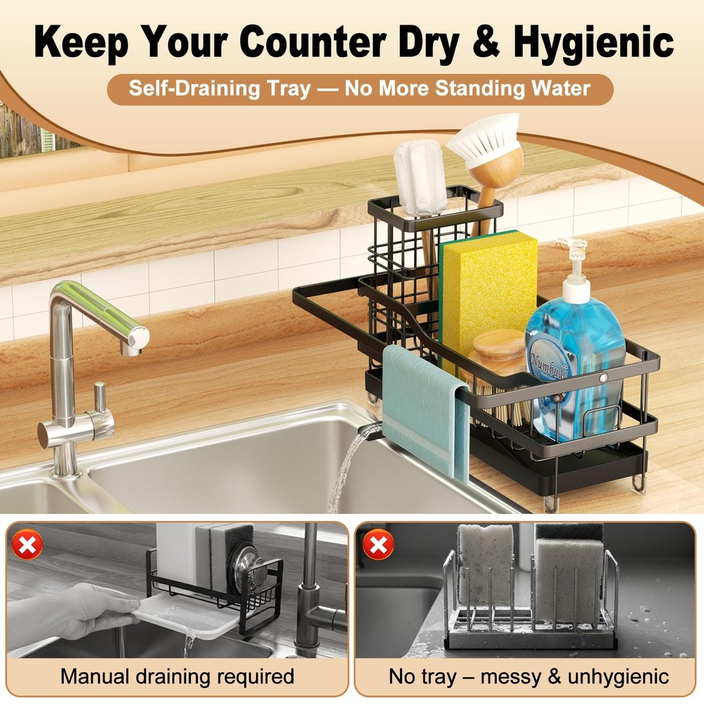 Sponge Holder for Kitchen Sink, Self-draining Sink Organizer with Towel Rack ...