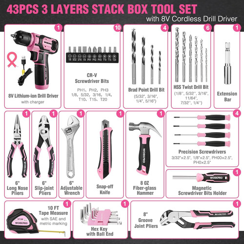 WORKPRO Pink Cordless Drill Driver with Toolbox, 43PCS Tool Set
