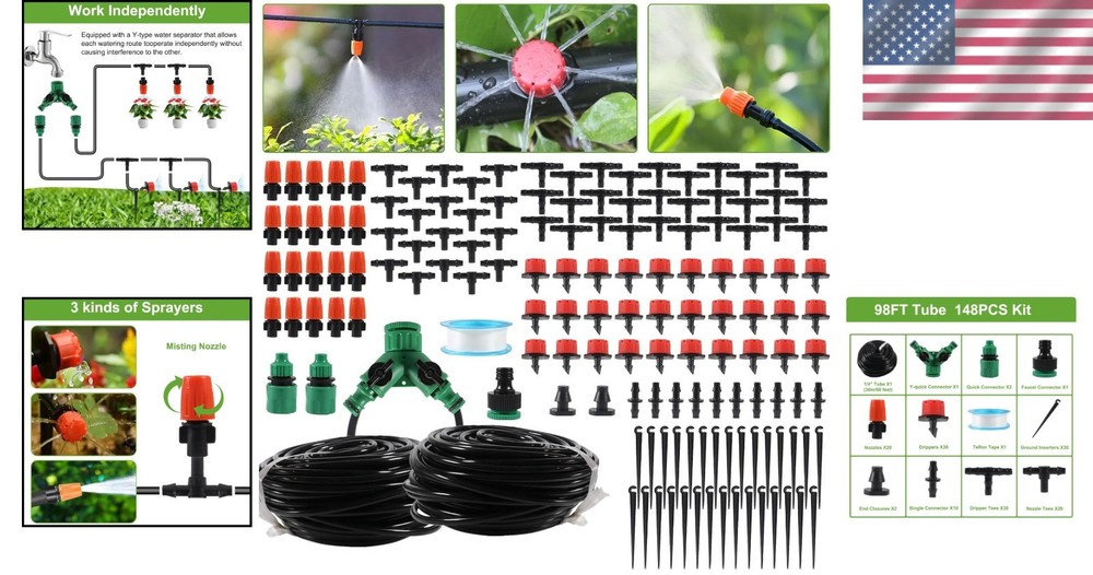 Efficient 98FT Drip Irrigation Kit with Quick Connectors & Water-Saving Design