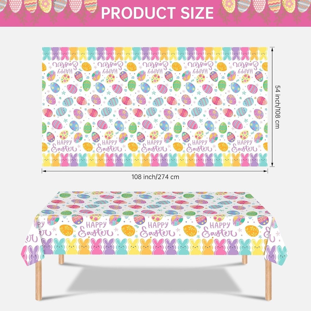 2 Pcs Happy Easter Table Cloth - Plastic Bunny Eggs Tablecloth, Disposable Re...