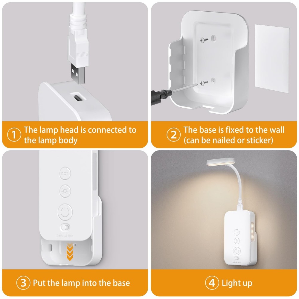 Wall Mounted Reading Light Dimmable LED Book Lights Timer USB White 1 Pack