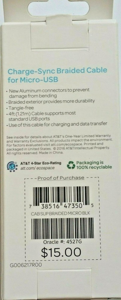 AT&T 4ft Charge Sync Braided Cable Micro USB Brand NEW