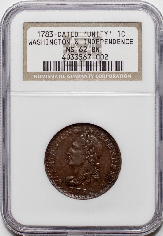 1783 1C WASHINGTON & INDEPENDENCE, "UNITY", NGC MS62BN
