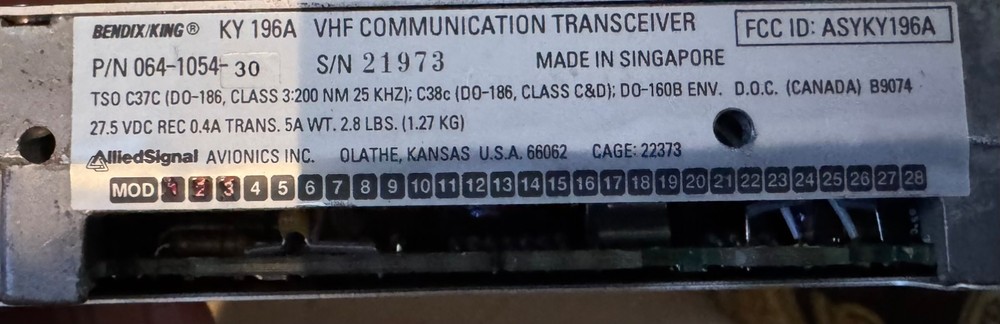 King KY-196A 28V VHF COM 064-1054-30