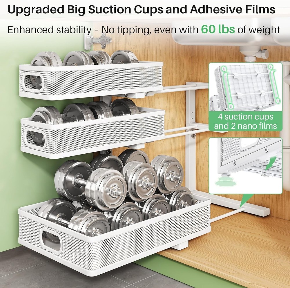 Under Sink Organizer 2-Pack 3-Tier Height Adjustable Thickened Metal Pull out