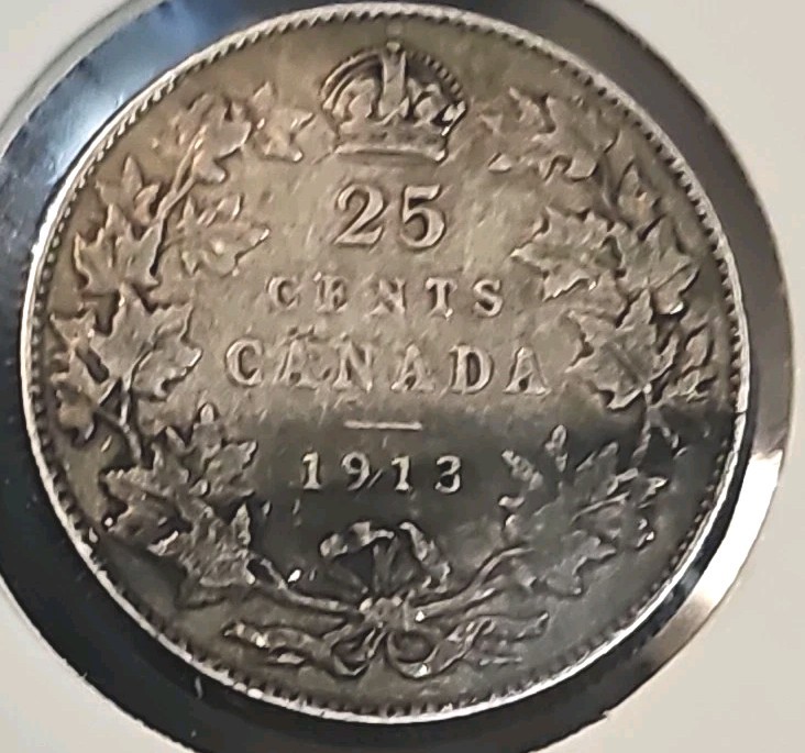 1913 Canada 25 Cents Silver Coin. VF+