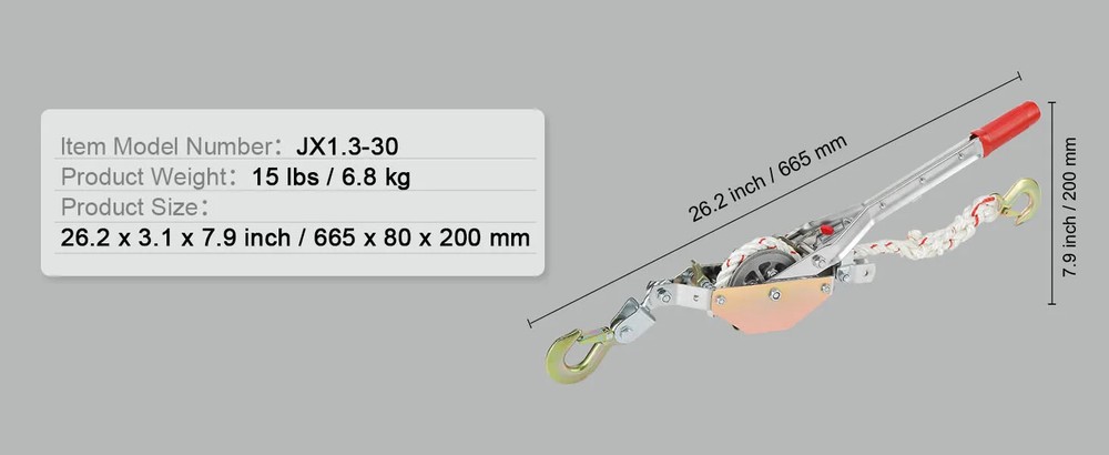 Rope Puller 1653lbs Pulling Capacity with 100' 0.6" Diameter Come Along Winch