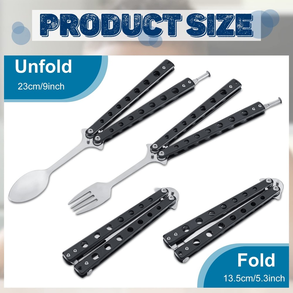 2 Pcs Butterfly Fork and Spoon Set, Tactical Folding Black