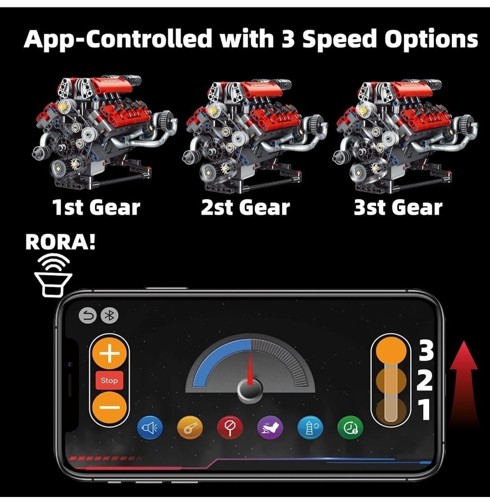 653pc.Mini V8 Engine Building Kit That Runs with LED Light New