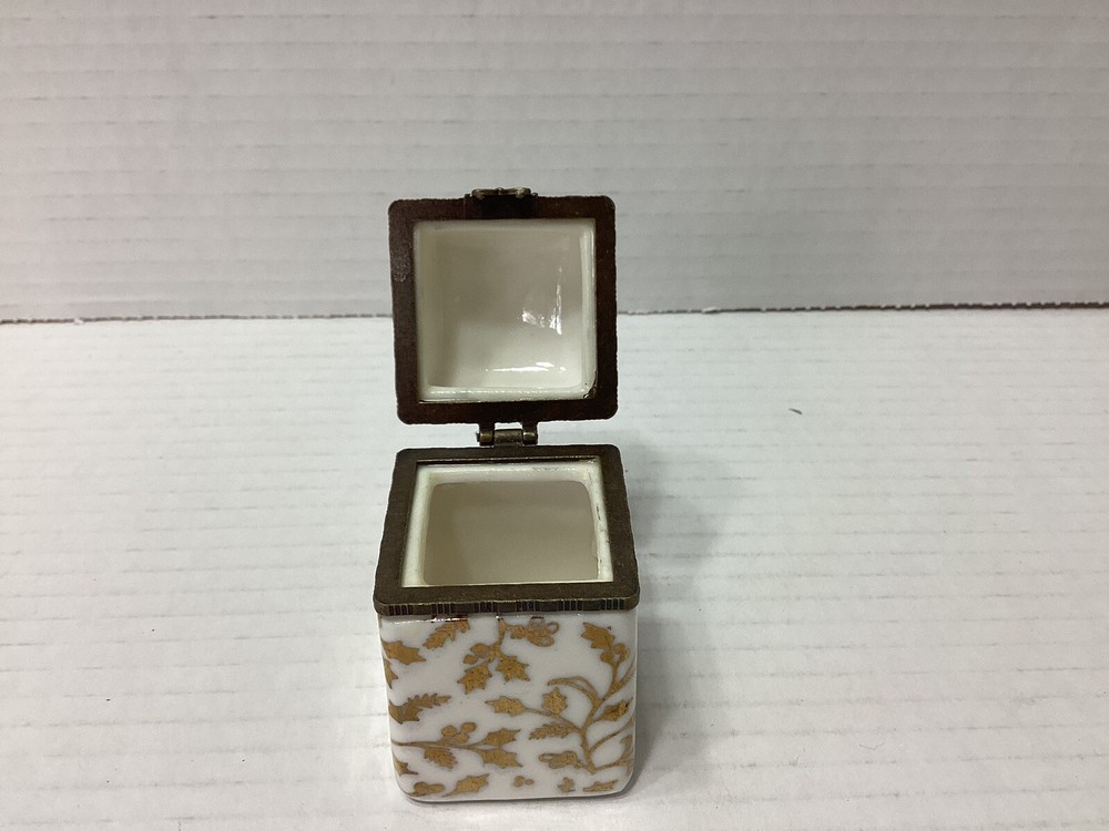 White Ceramic Rectangular Trinket Box Gold Vine Design