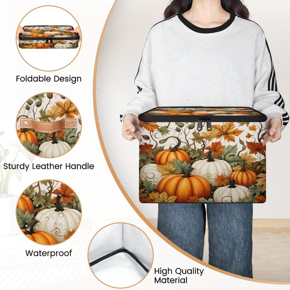Fall Pumpkin Storage Bins with Lids, Maple Leaf Fabric Storage Boxes with Zip...