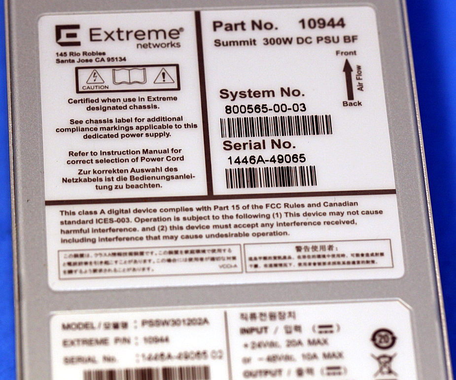 10944 EXTREME NETWORK Summit Back-to-Front BF DC Power Supply