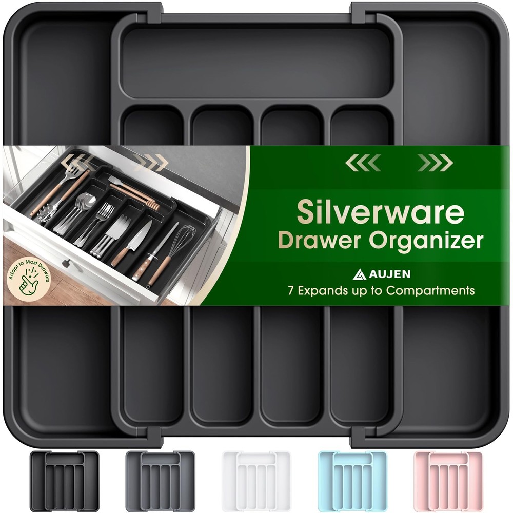 Aujen Silverware Organizer - Expandable Kitchen Drawer Medium, Black
