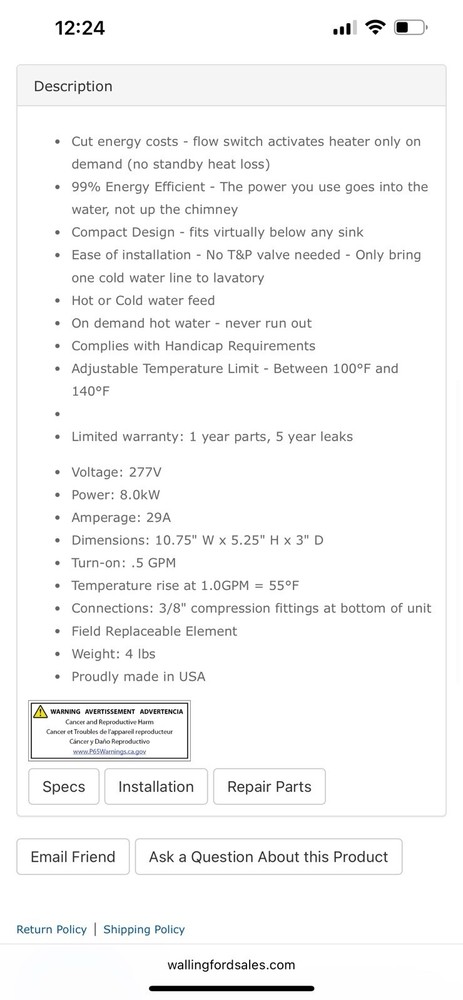Eemax SPEX80T ML Electric Tankless Water