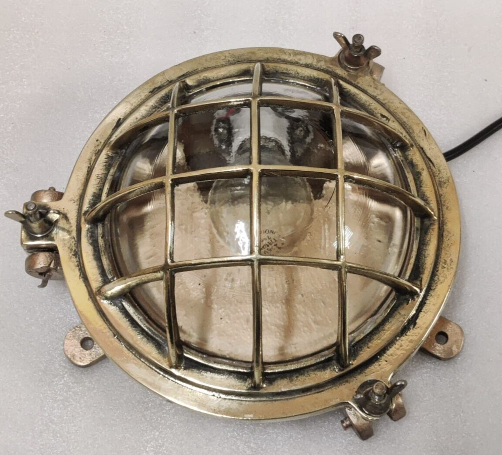 Vintage original Brass Cage&Iron Base Bulkhead passageway Light 2PC.