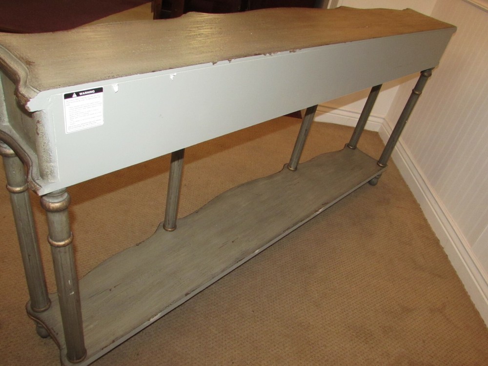 DECORATORS TWO TIER CONSOLE, SOFA TABLE, THREE DRAWERS, GREY FACTORY FINISH