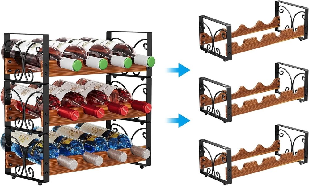 Innovative Stackable Wine Rack for 12 Bottles - Easy Assembly, Black Finish