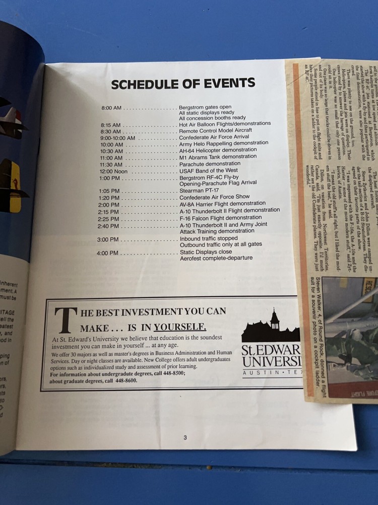 Vintage 1988 Aerofest 88 Program & Schedule, Bergstorm Air Force Base, Austin