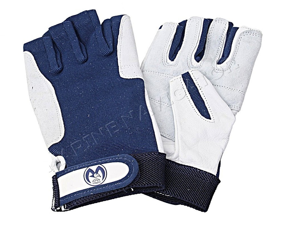 Sailing Gloves Leather White/Blue 5-Finger open Fingerless S