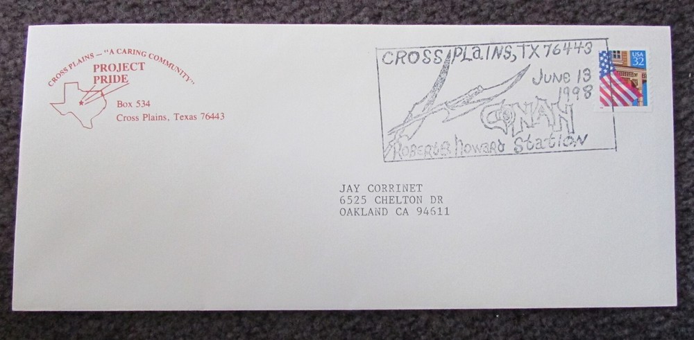 ROBERT E HOWARD CONAN PROJECT PRIDE SPECIAL 1ST DAY POSTAL CANCEL COVER 1998