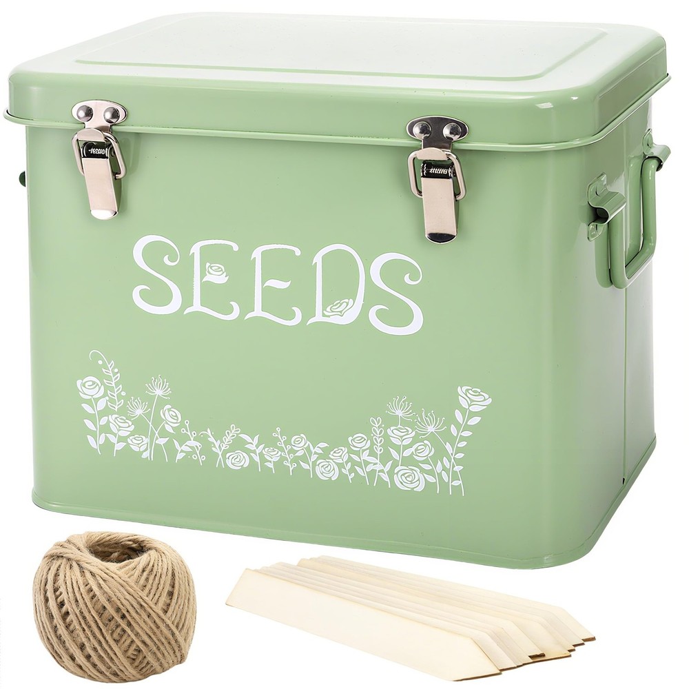 Seed Storage Organizer, Metal Seed Saving Box with Garden String and 10 Wood ...