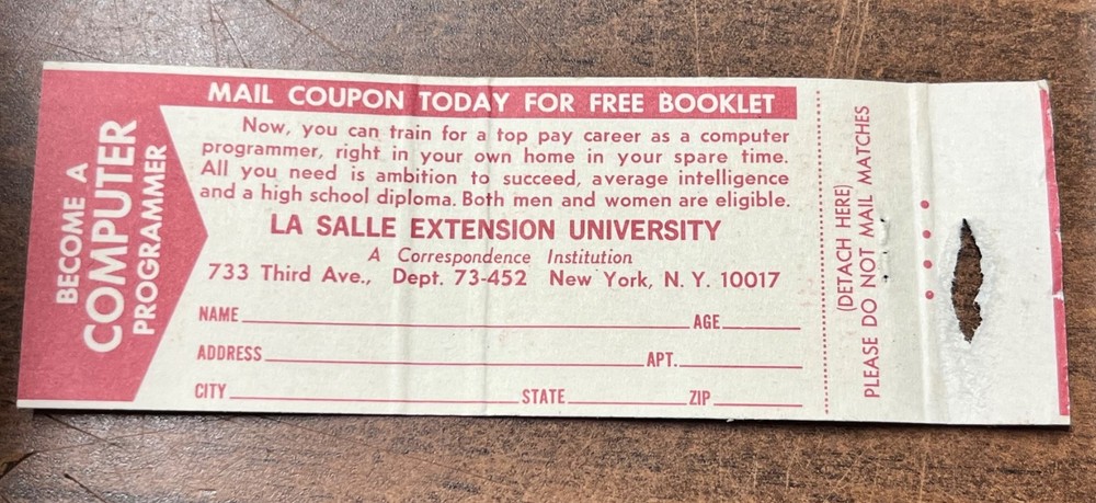 Vintage Be A Computer Programmer matchbook make $7,000 to $12,000 per year ~OLD~
