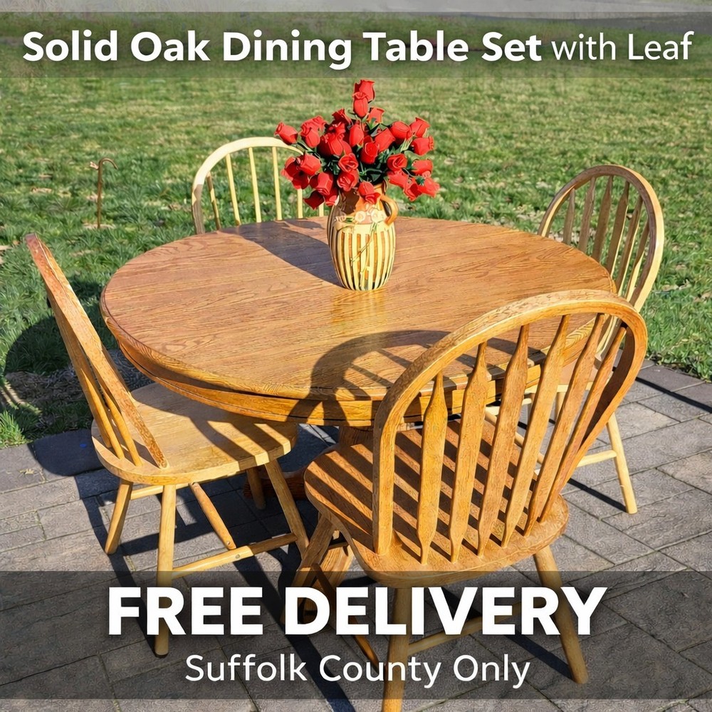 🔥 Solid Oak 41" Diameter Dining Table Set With 18" Leaf And 4 Chairs 🔥