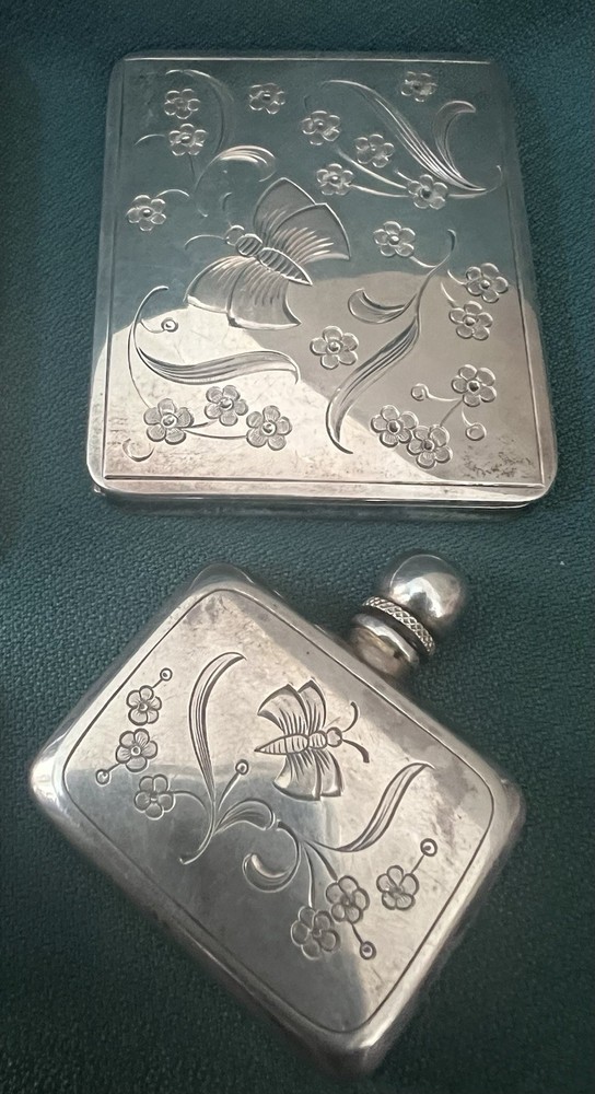 FABULOUS 835 SILVER 4 PIECE ETCHED CIGARETTE CASE COMPACT PERFUME PILL BOX SET