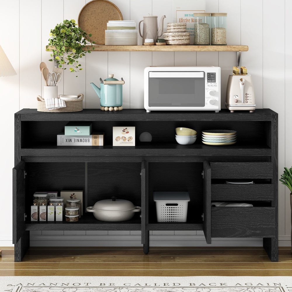 60" Modern Solid Ash Veneer Sideboard (3 Doors+3 Drawers, Semi-Open Shelf