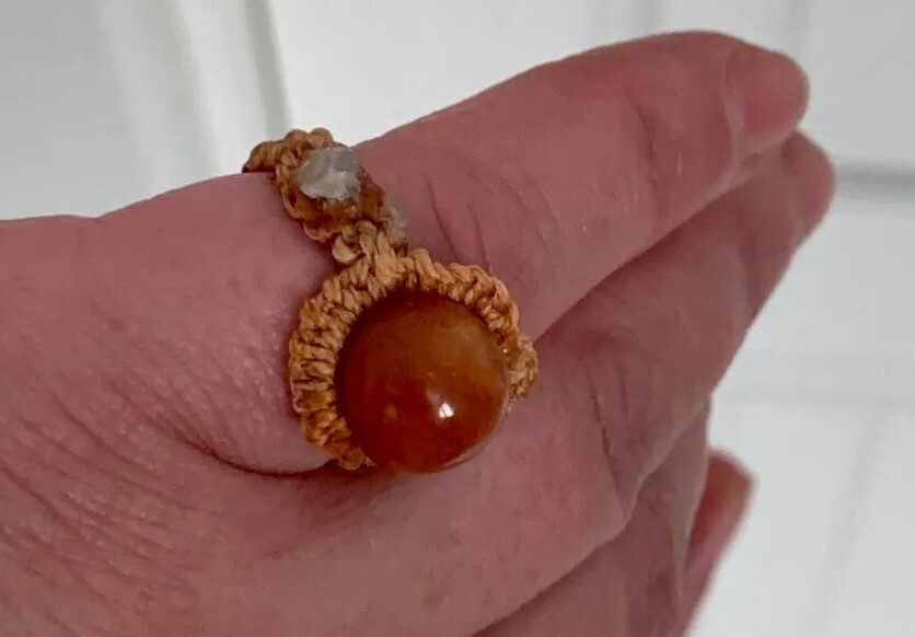 Handcrafted Tan Macramé Ring with Red Agate Stone Bead, Clamp Closure, Jump Ring