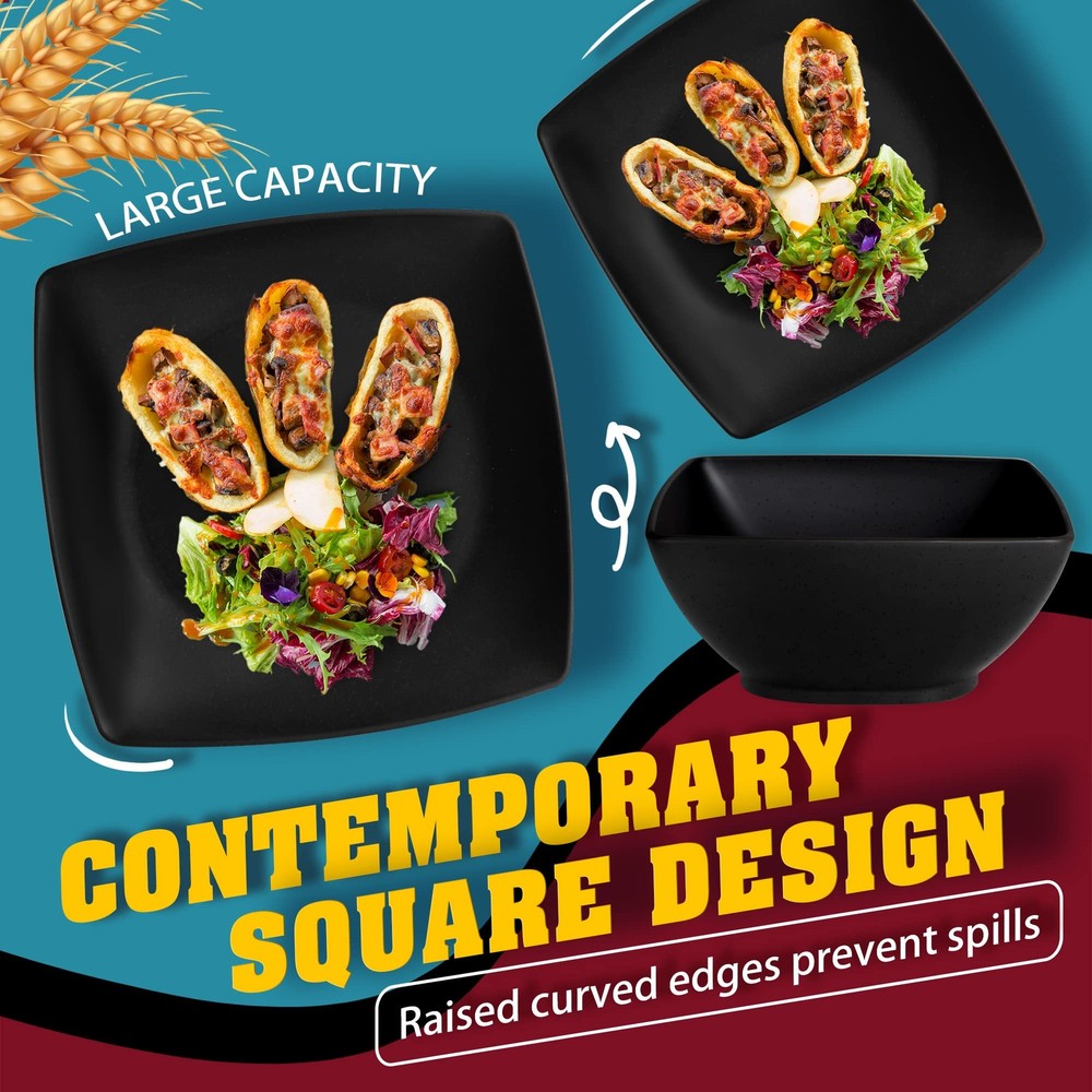 16-piece Plastic Wheat Straw Square Dinnerware Set for 4, Unbreakable Dinner ...