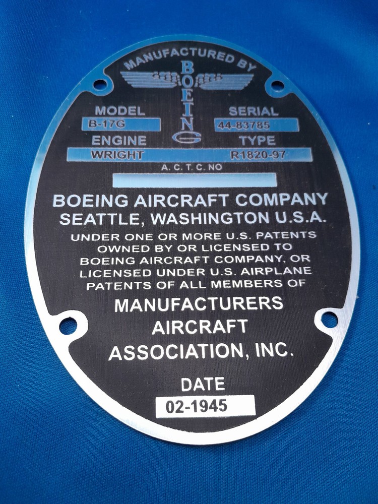 Replica B-17G CIA "Flying Fortress" Data Plate Oversize