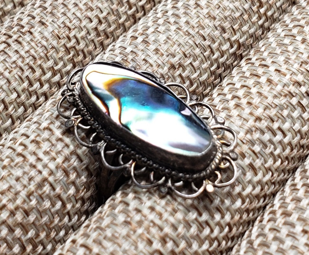 Vintage Abalone Shell Ring Filigree Setting Mexico Silver